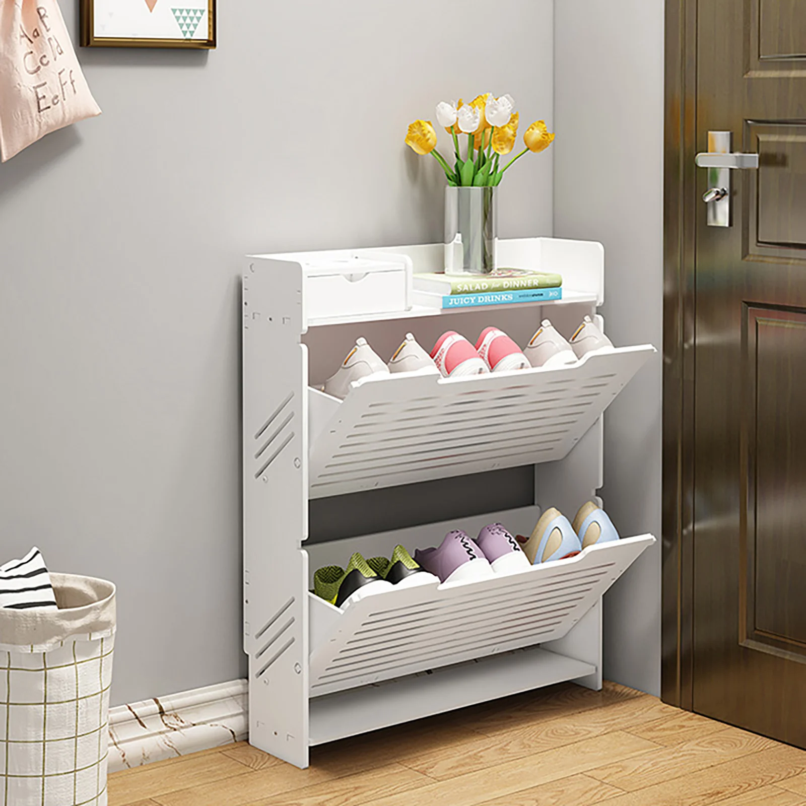 

[Shoe Cabinet] 3 Tier Free Standing Shoe Storage Cabinet - PVC - Home Entryway - Sturdy Spacious Storage