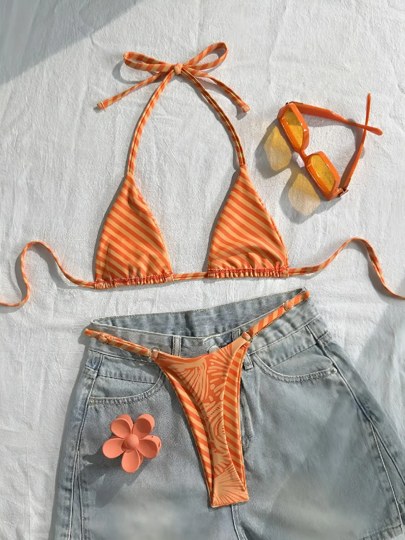 Women Orange Floral Print Halter Triangle Bikini Adjustable Strap Two Piece Swimsuit Beach Bathing Suit