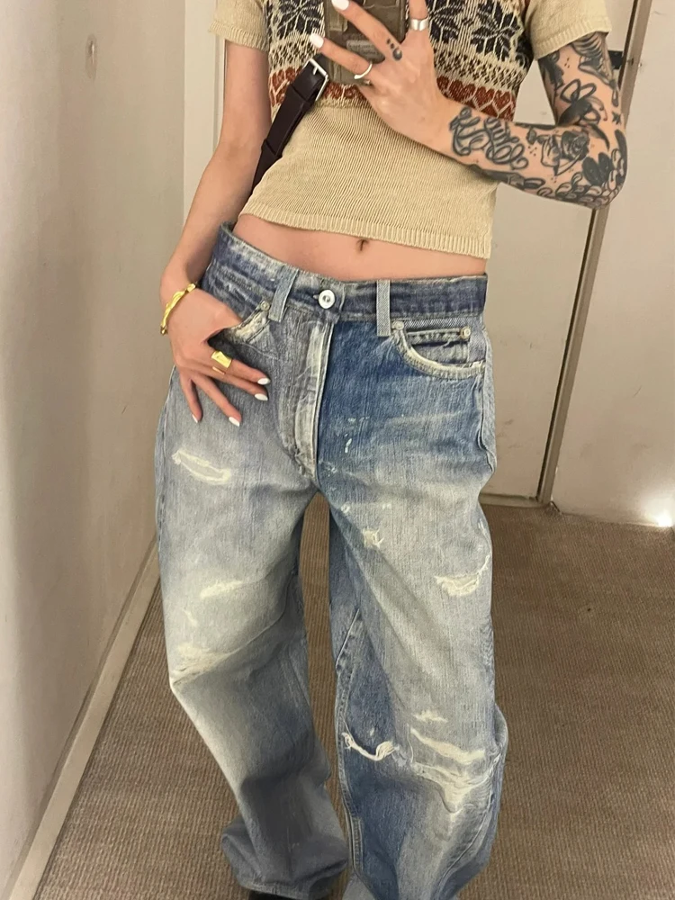 Women's Blue Y2k Ripped Jeans Harajuku Denim Trousers Streetwear Y2k Jean Pants Vintage 90s Aesthetic 2000s Trashy Clothes 2024