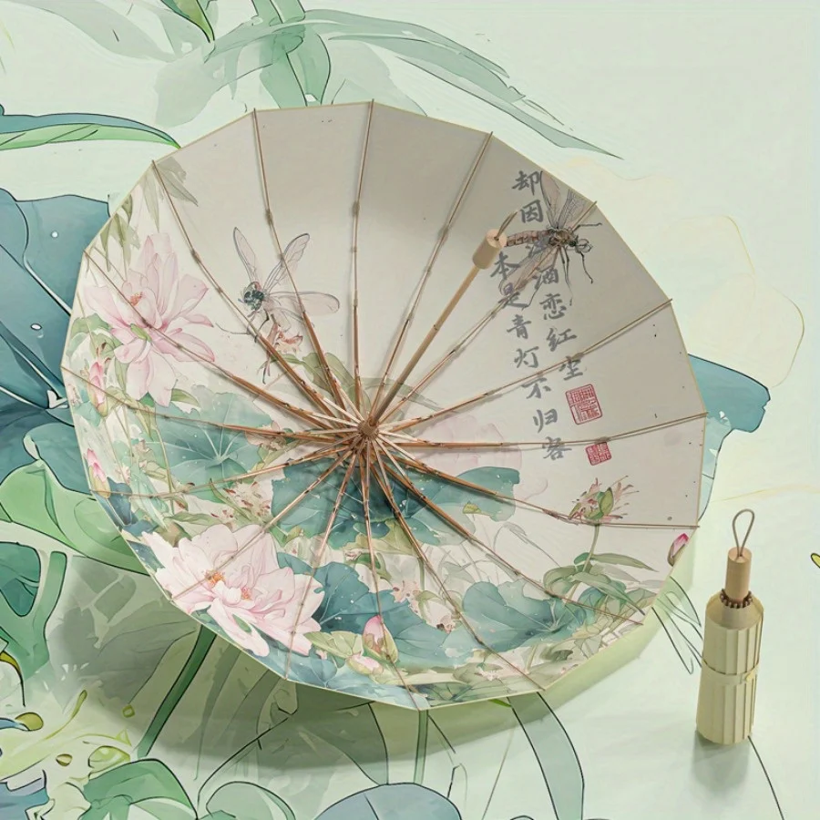 

1pc Elegant Floral Umbrella with Pastel Pink Green Beige Teal White Manual Open Close Compact Folding Design Alloy Skeleton