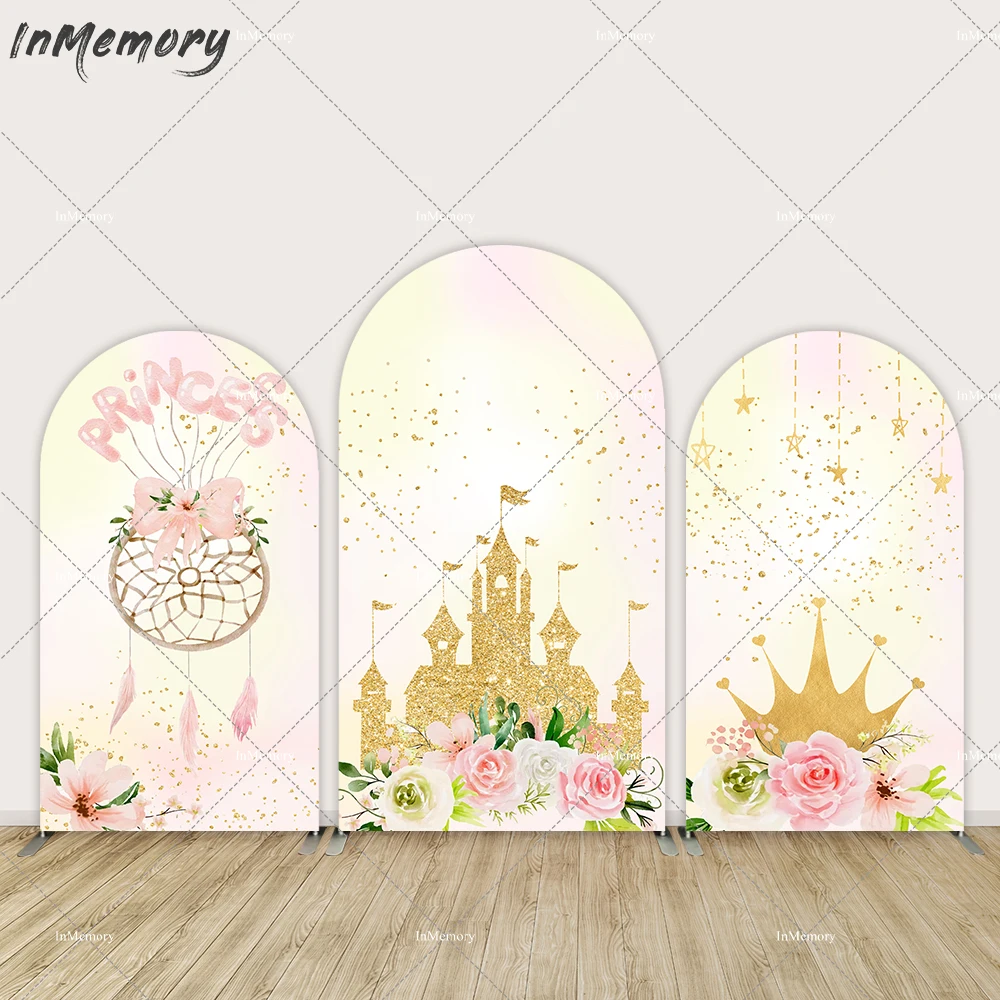 

Fairy Princess Birthday Arch Backdrop Cover Party Supplies Gold Castle Crown Girls Baby Shower Arched Wall Banner Background