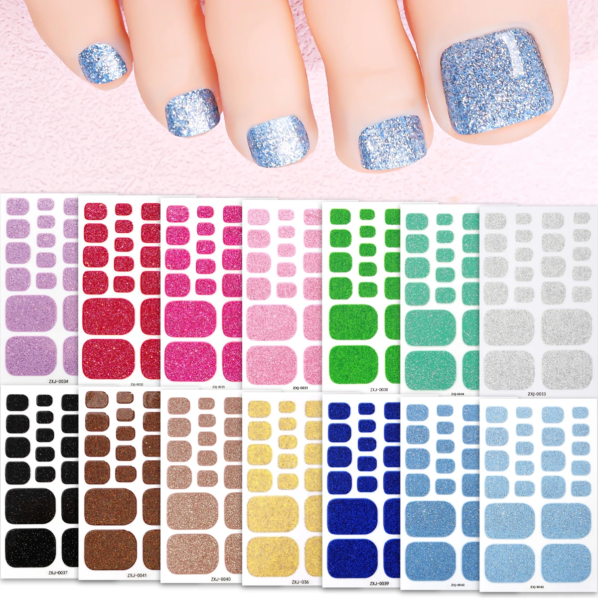 22Tips Adesivos de Unha para os Pés com Glitter Cintilante de Cobertura Total, para o Verão, sem necessidade de secagem, Faixas Adesivas DIY para Unha