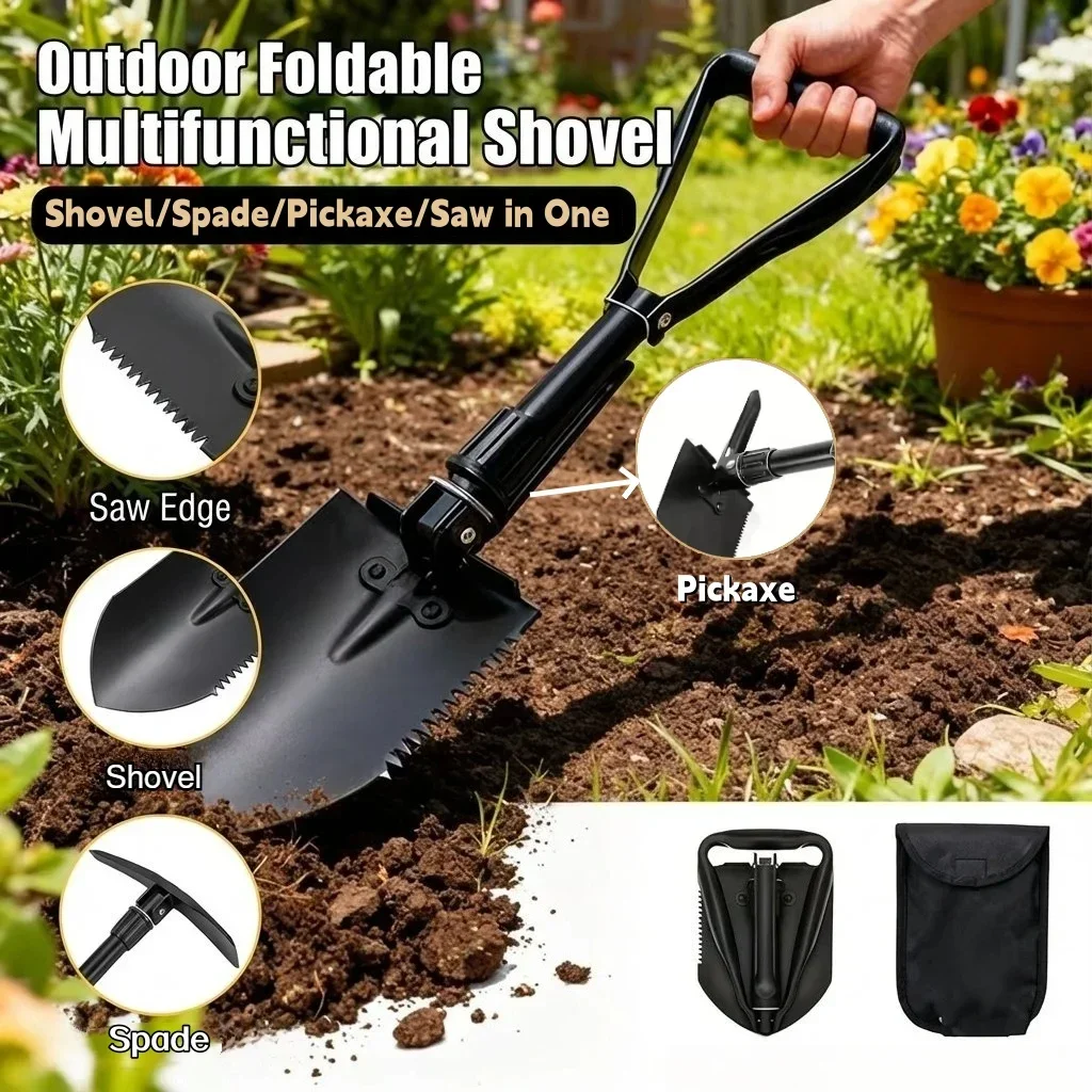 4 in 1 Foldable Shovel Hoe Pick Saw, Multifunctional Outdoor Digging Tool with Storage Bag, Camping