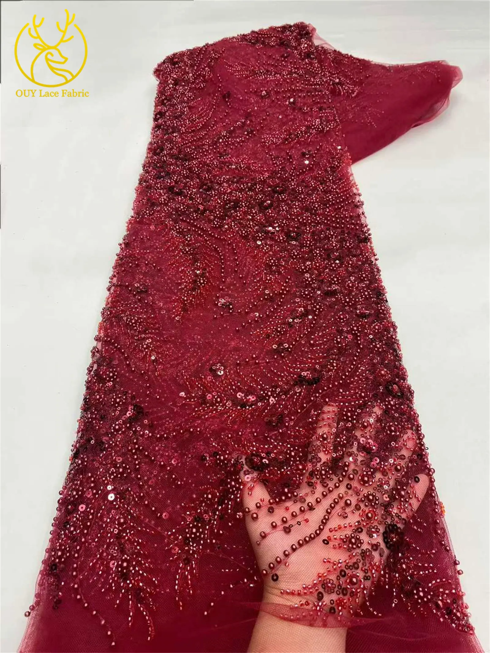 2026 Luxuriöser, zarter Netzstoff mit Perlenstickerei, 5 Yards, eleganter, hochwertiger afrikanischer Spitzenstoff für Hochzeits- und Abendkleider zum Nähen – Detail 12