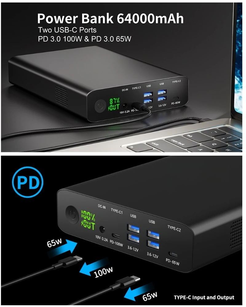 Portable Notebook Power Supply PD 100W 65WPower Bank 64000mAh USB Type