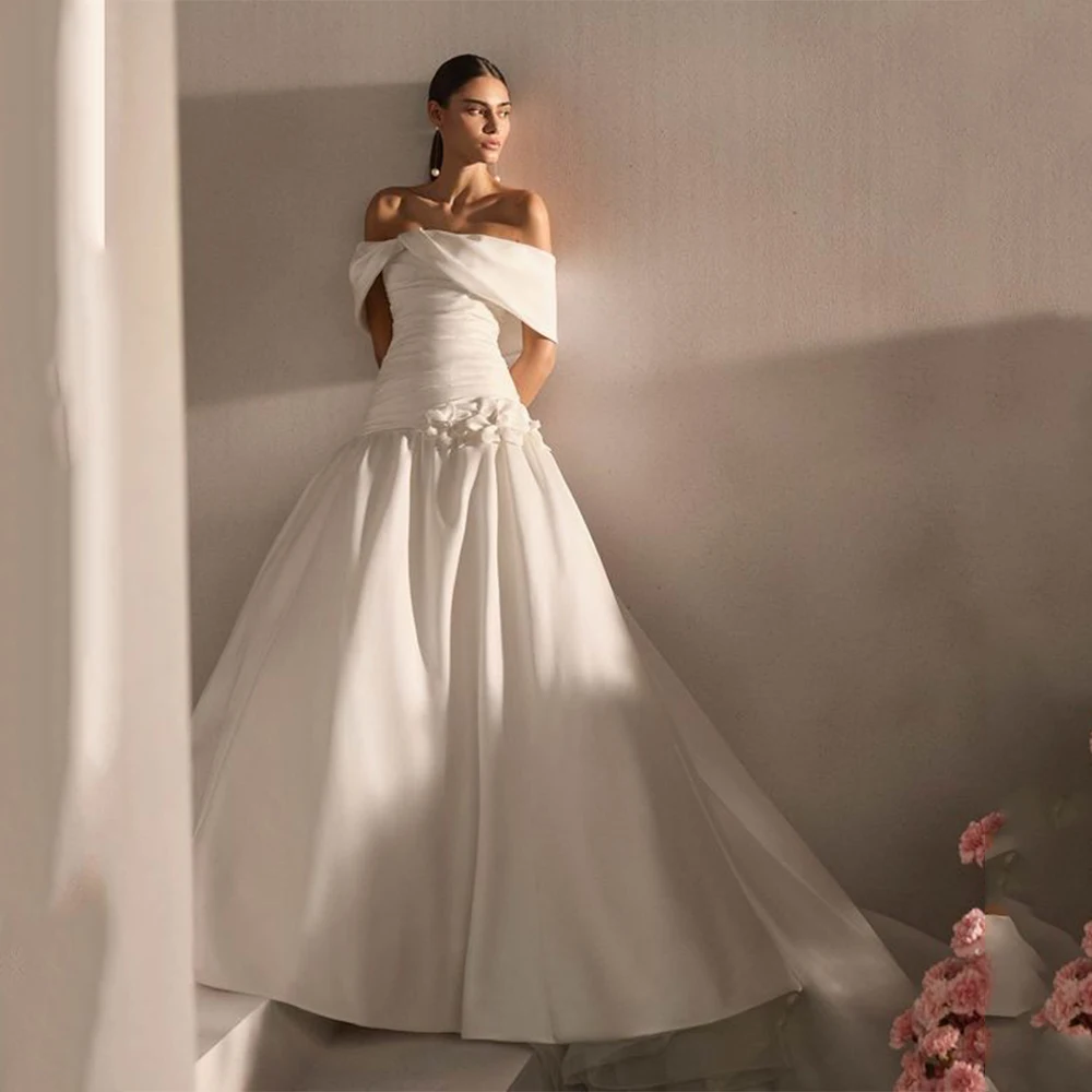 

Customized High Quality White Wedding Dress Satin off the Shoulder Prom Gown Flowers A-line High Slit for Floor Length for Women