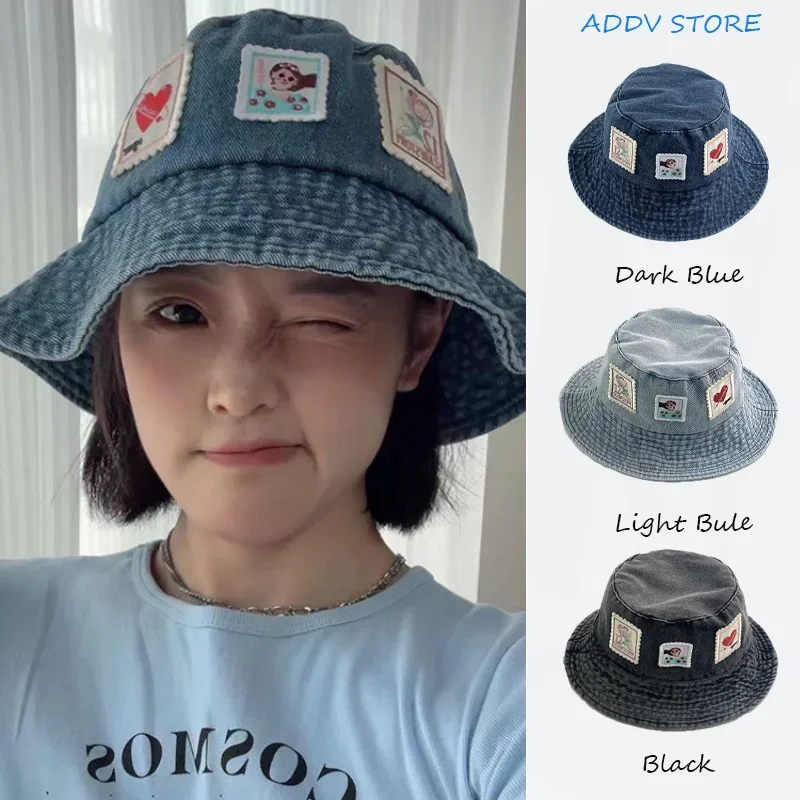 Y2k Girls Stamp Patch Wash Denim Fisherman Hat Women's Summer Japanese Niche Big Brim Bucket Hat