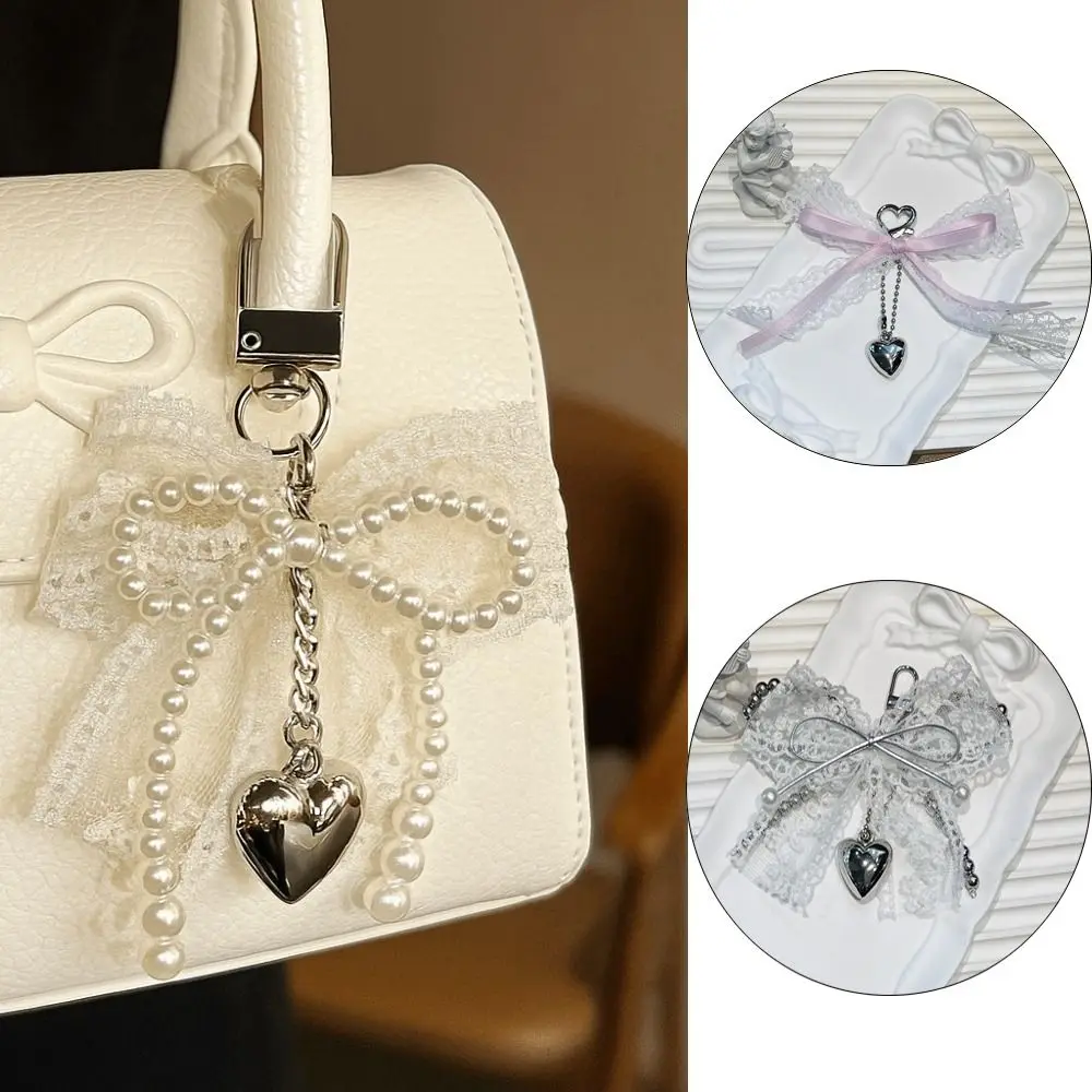 New Y2K Pearl Bow Keychain Metal Chain Delicate Beaded Lace Bow Keychain Bag Pendant Backpack Decoration