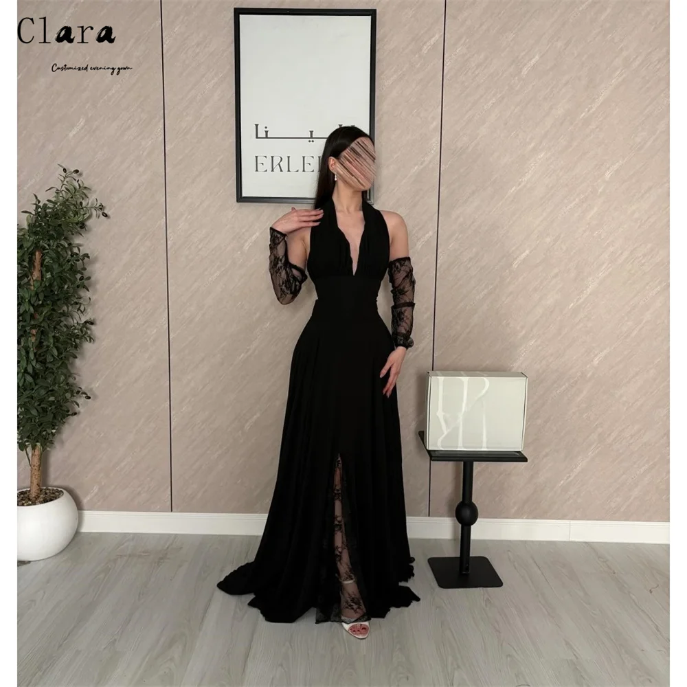 

Вечернее платье Clara Custom с черным кружевом и вышивкой, V-образный вырез, для женщин, для свадебной вечеринки, бальных торжеств, роскошные платья 2026