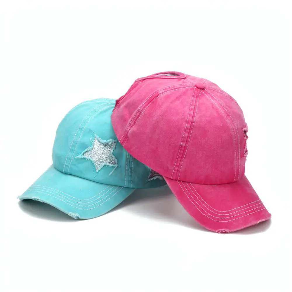 Distressed Cotton Ponytail Baseball Cap Sequined Star Vintage Adjustable Outdoor Sport Sun Protection Hat