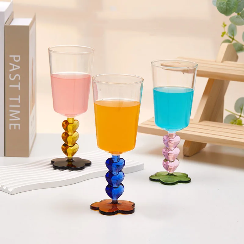 Heart Handle Stem Cocktail Glass Ins Style Simple Home Wine Glasses Drink Cups Contrast Color Wine Champagne Goblets