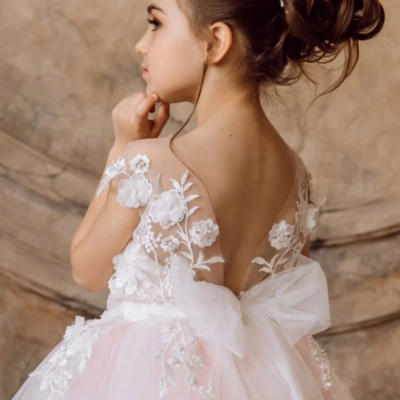 Abiti da ragazza di fiori Applicazioni di fiori bianchi rosa con fiocco senza maniche per abiti da comunione per feste di compleanno di nozze personalizzati