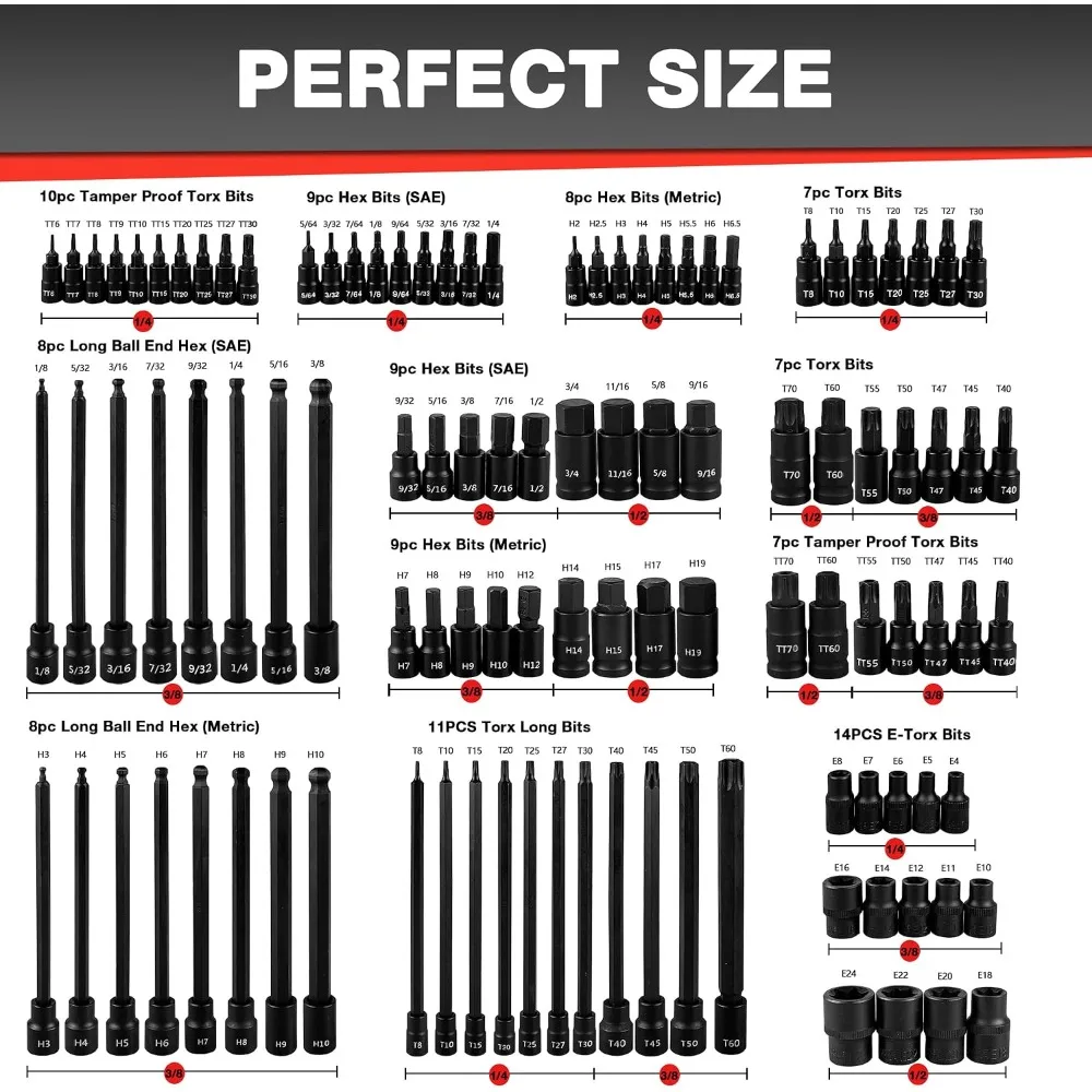 107Pc Bit Socket Set 1/4 3/8 1/2 Drive Torx Hex Ball End S2 Steel SAE Metric