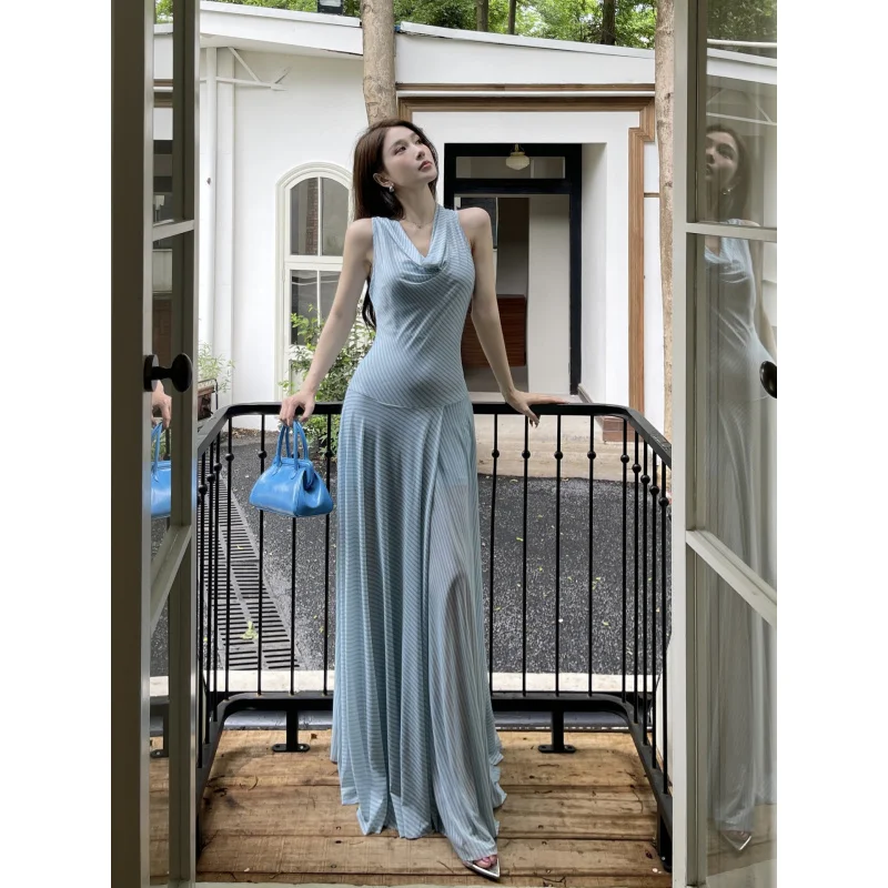 

New French Retro High End Swinging Neck Striped Hanging Neck Dress Summer Waist Skirt
