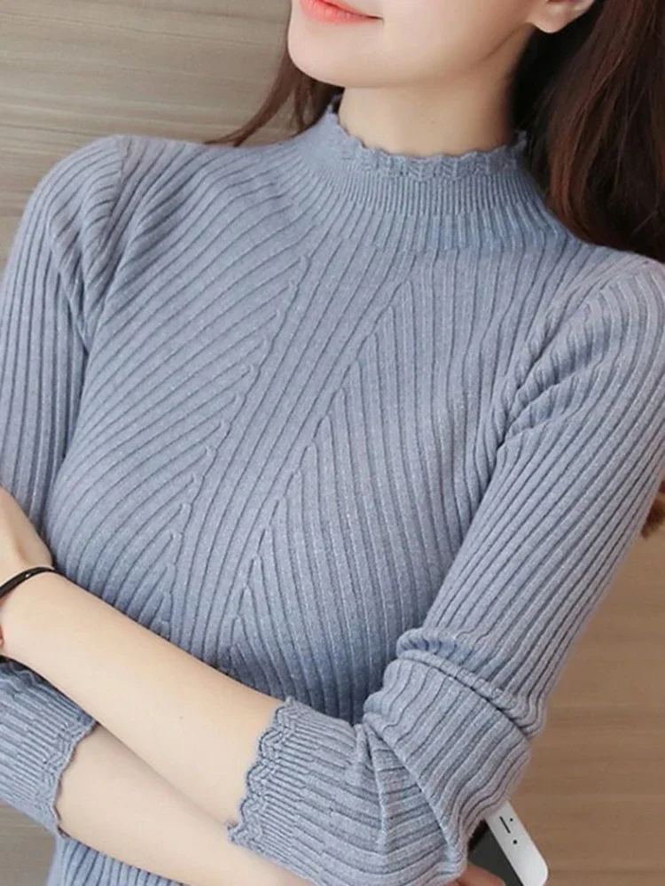 Korea Autumn Women Mock Neck Ruffles Sweater Long Sleeve Knitted Bottoming Solid Pullovers Stripe Women Casual Sweater Winter