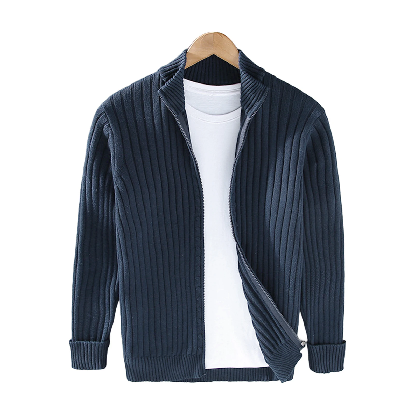 

Men Cardigan Striped Texture Knit Jacket with Zipper Closure Stand Collar Thick Elastic Cardigan for Fall