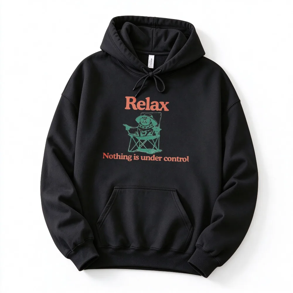 Relax Nothing Is Under Control Funny Cowboy Cat Sitting on Folding Chair Sweatshirt Wild Cat Meme Quote Art Pullover Casual Tops