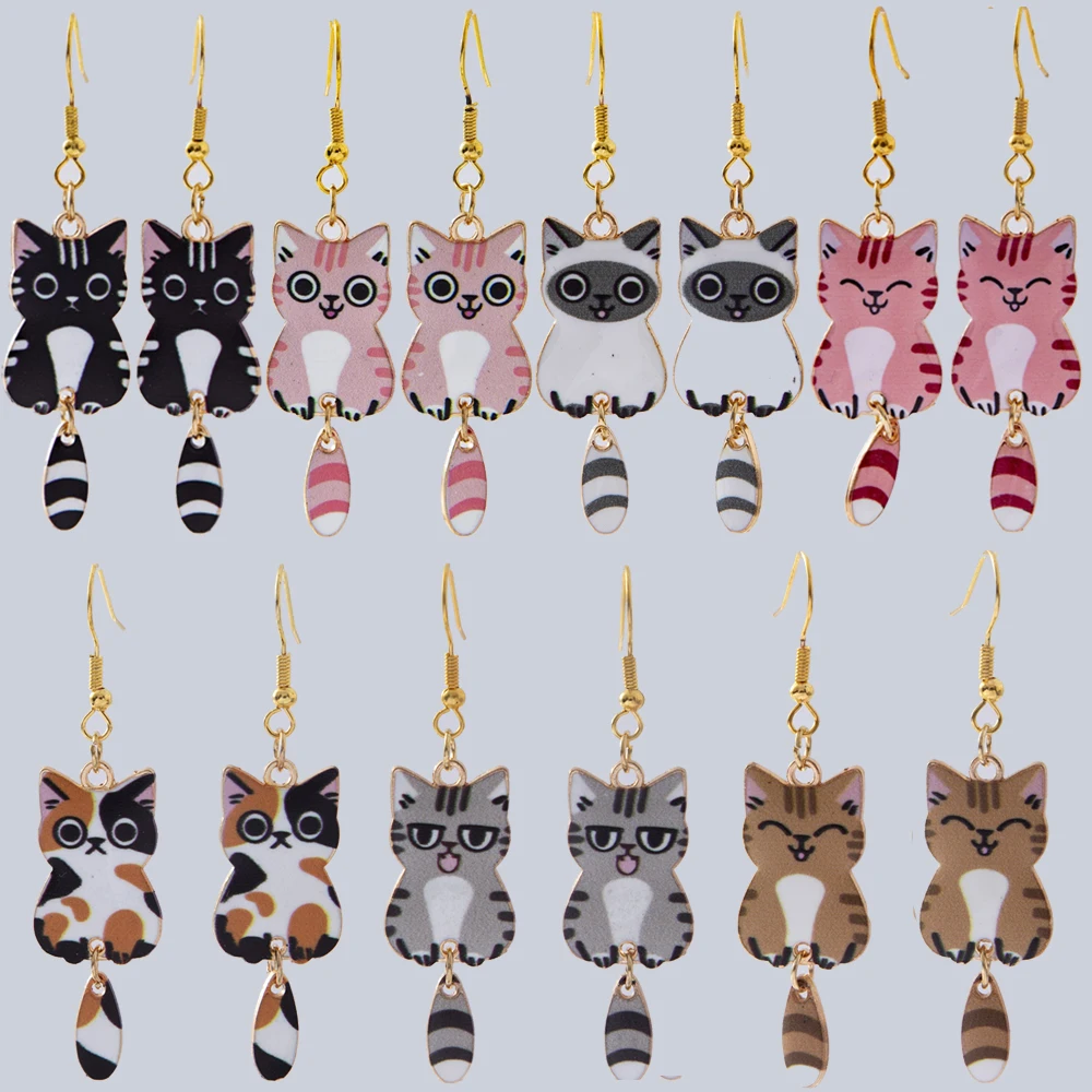 

Cute Spotted Cat Metal Earring For Women Girls Fashion Boho Party Jewelry Gift Hanging Love Cups Flower Sun Cat Animal Ear Hooks