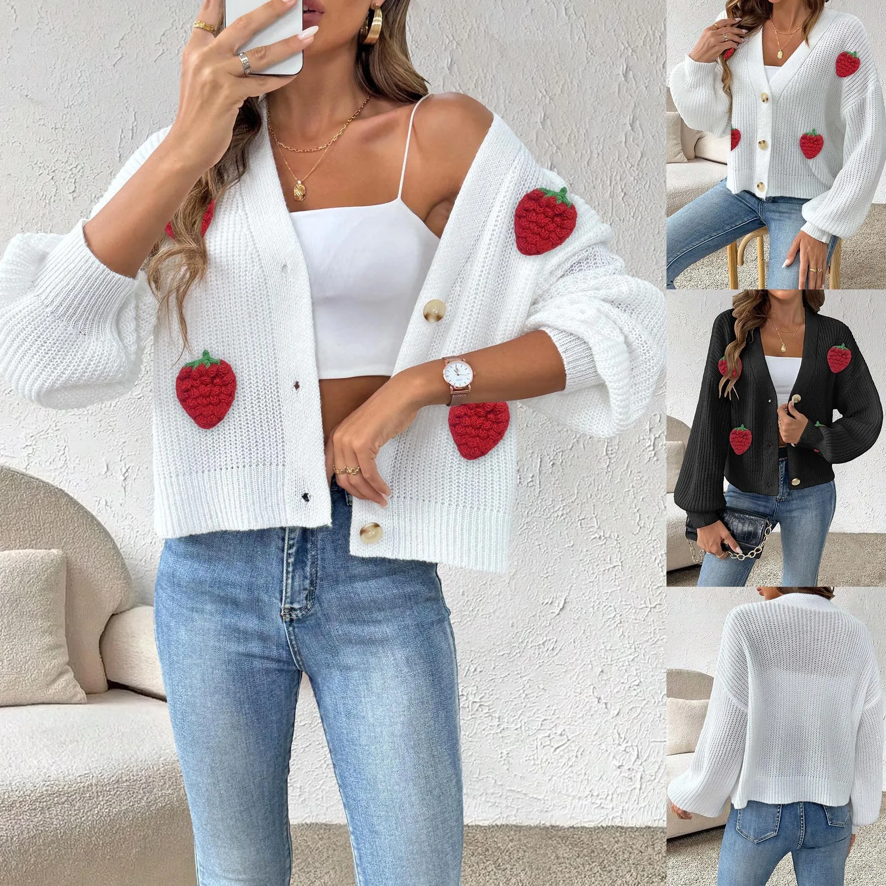 

Cute Sle Knitted Sweater Cardigan Button Splicing 3D Stberry Pattern Thiened Long Sve Street Faion Women's Autumn...