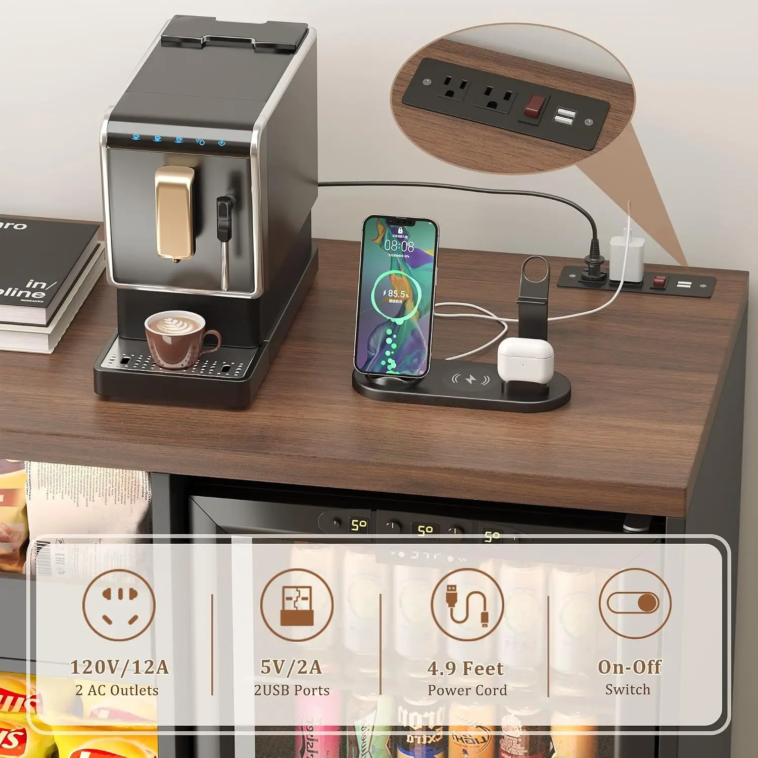 Snack Bar Cabinet with Mini Fridge Space & Coffee Station, Customized