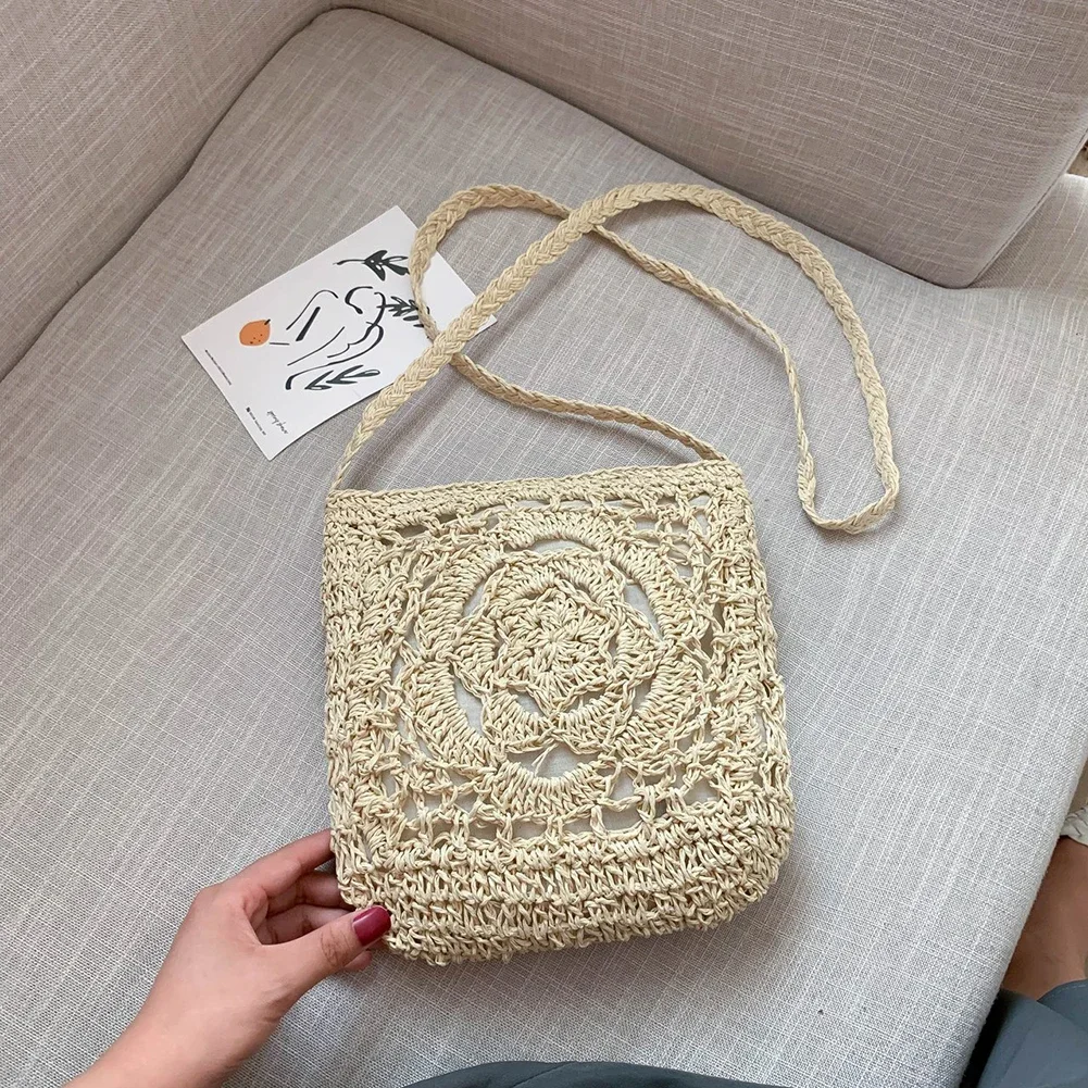 Damska torba na ramię ze słomy o dużej pojemności szydełkowa torba plażowa Hobo Solid Color Retro Straw Sling Bag Ladies Summer Daily Bag