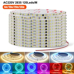 5m 10m 20m 50m LED Strip Light AC 220V 230V 240V IP55 2835 120 LEDs Flexible Ribbon Rope Lights Tape 9 Colors Home Decoration