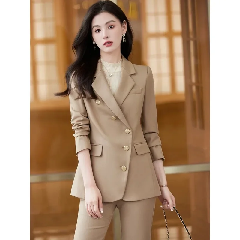 Female Pant Suit Ladies Black Coffee Apricot Solid Blazer Jacket And Trouser Women Business Work Wear Formal 2 Piece Set