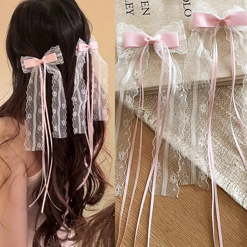 2 uds nuevo Rosa coreano encaje Bowknot Clip de pelo mujeres niñas cinta borla arco horquillas trenza pasadores tendencia ahueca hacia fuera sombreros