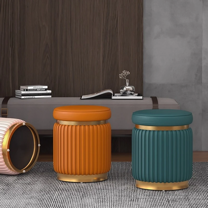 Nordic Style round Leather Makeup Stool Soft-Cushion Footrest High-Density Foam Portable Lightweight Dressing Chair