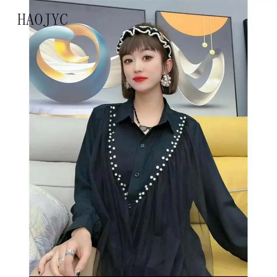 Modna koszula z nieregularnymi siateczkowymi przeszyciami, bogato zdobiona koralikami, wiosenna, w dużych rozmiarach, luksusowa, luźna, uniwersalna bluzka.