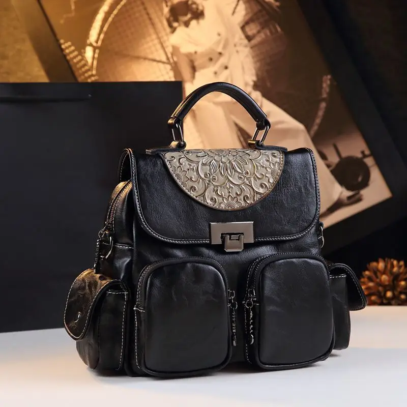

Leather Portable Non-backpack Female Carving Embossed Big Capacity Shoulder Crossbody Pack Versatile Multi-functional Travel Bag