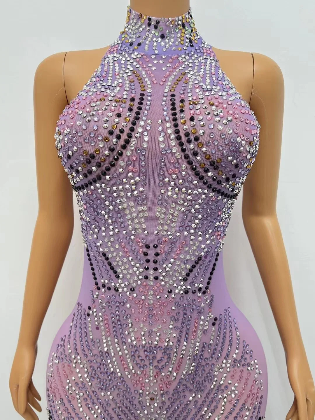 Mono morado con piedras de colores brillantes, traje de baile elástico con cuentas ajustadas, fiesta de graduación, club nocturno, cantante, traje de actuación C137