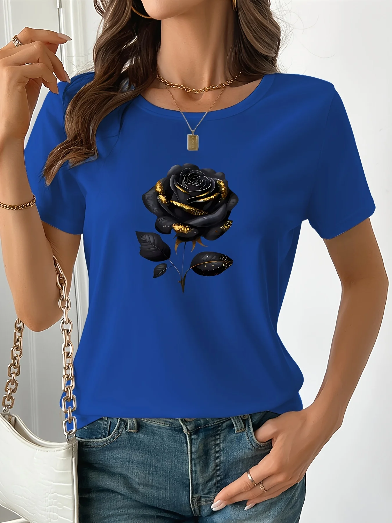Women's Plus Size Oversized Black T-Shirt with Elegant Rose Print Fashion Harajuku Kawaii T-shirt Women's Y2K Clothing view 4
