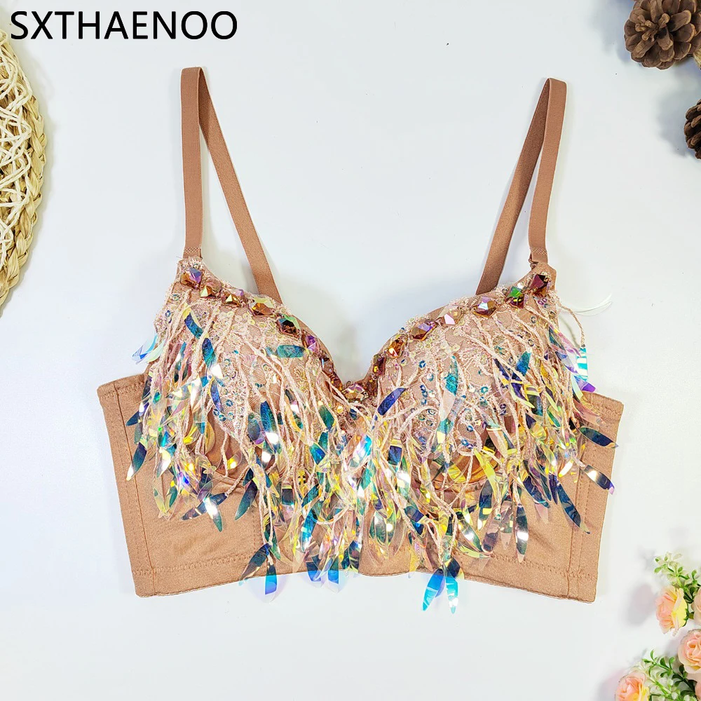 SXTHAENOO Women Individuality Corset Top Halter Backless Lace-up Sequin Fringe Crop Top Party Clubwear Beach Rave Festival Top