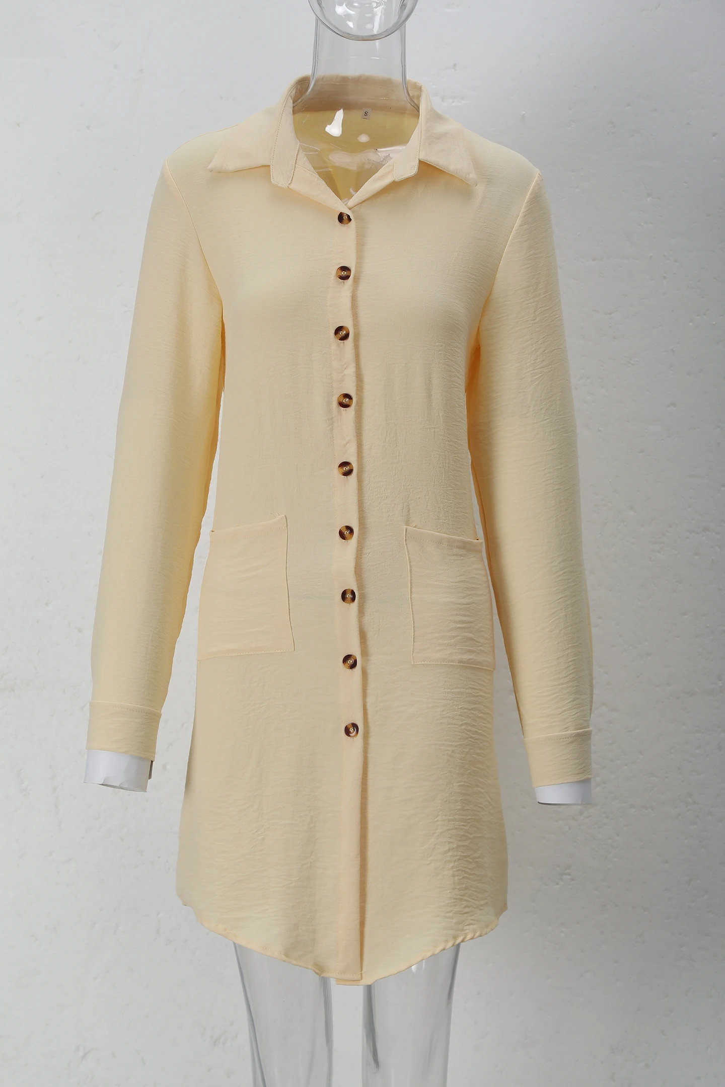 Frühling Sommer Damen Hemdkleid mit Umlegekragen, Locker Geschnittenes Übergroßes Midi-Kleid mit Knopfleiste und Seitentaschen, Lässiges Strandkleid – Detail 32