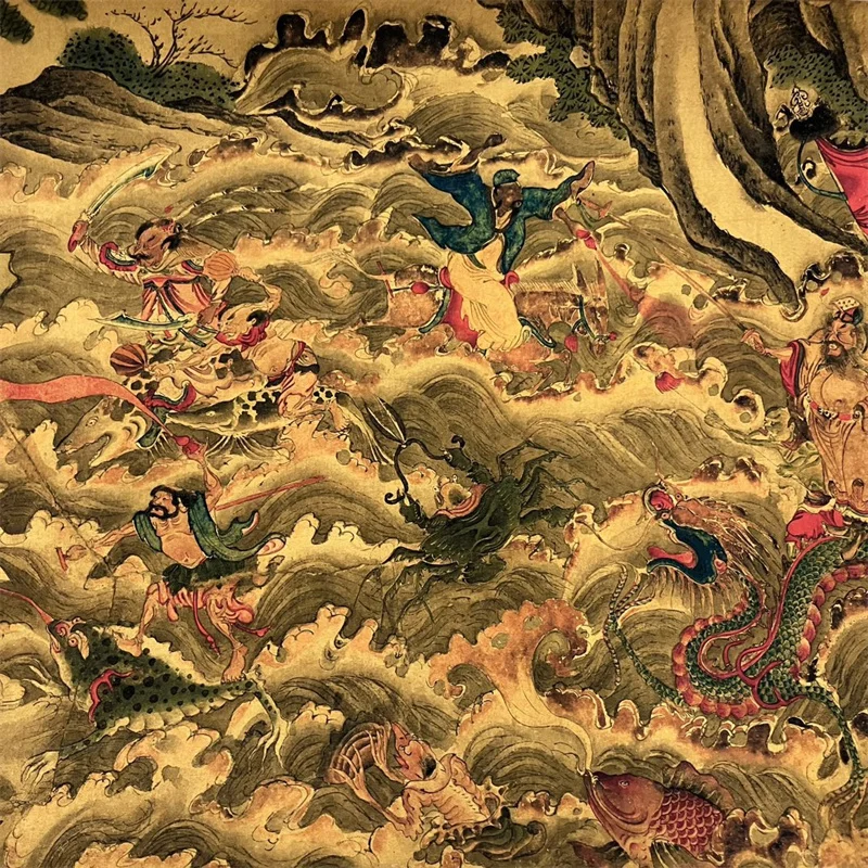 لوحة تمرير طويلة قديمة في الصين، لوحة ألوان مائية لـ Qiu Ying من ثمانية الخالدين معبر البحر القابل للجمع #4