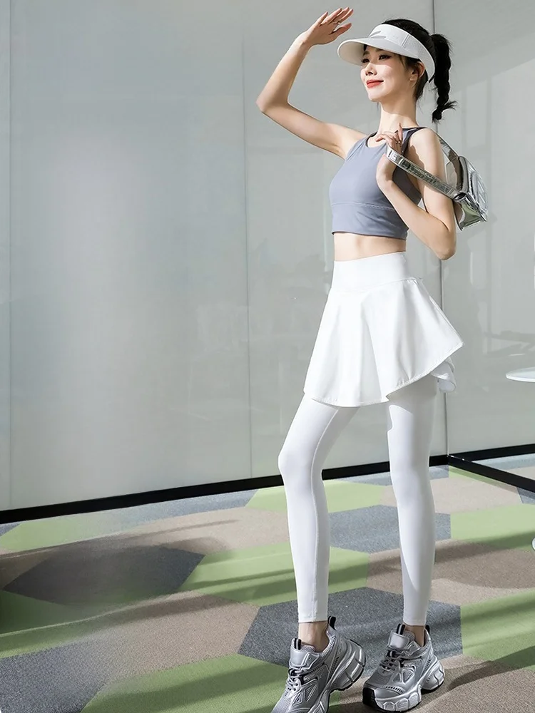Calças Esportivas de Cintura Alta para Mulheres com Calças de Yoga e Saia para Corrida, Novo Modelo Primavera Verão