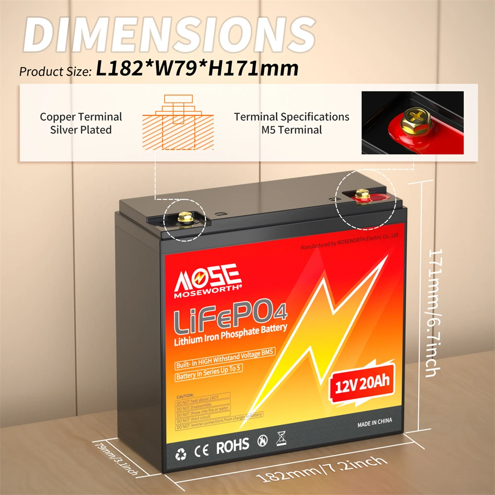 MOSEWORTH 12V 20Ah Lithium LiFePO4 Deep Cycle Batterij met BMS Lithium-ijzerfosfaat Oplaadbare Batterij Solar Light camping