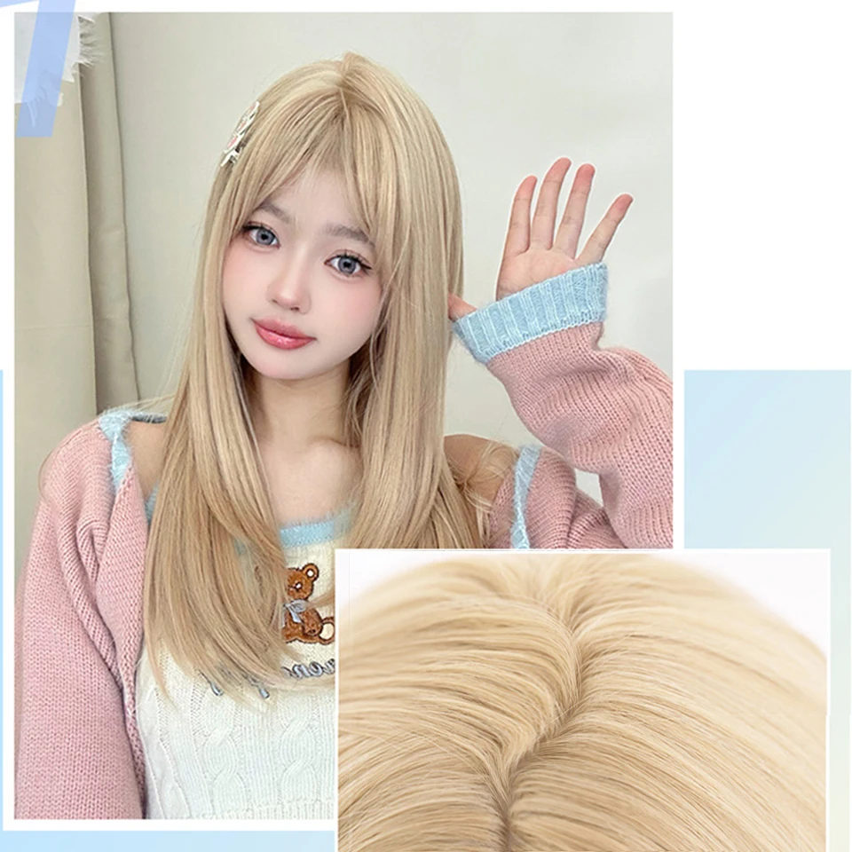 Syntetyczne blond peruki z grzywką dla kobiety długie włosy typu Body Wave Cosplay Lolita Party naturalne peruki termoodporne włókna codzienne włosy