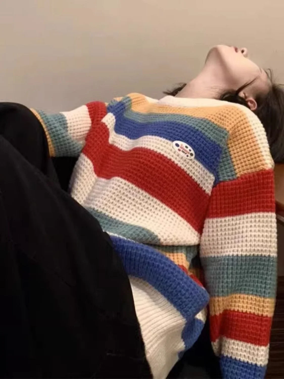 

Женский вязаный свитер больших размеров (до 300 фунтов) в стиле ретро с радужными полосками, осенне-зимний, уютный, в стиле оверсайз, для ношения под одеждой