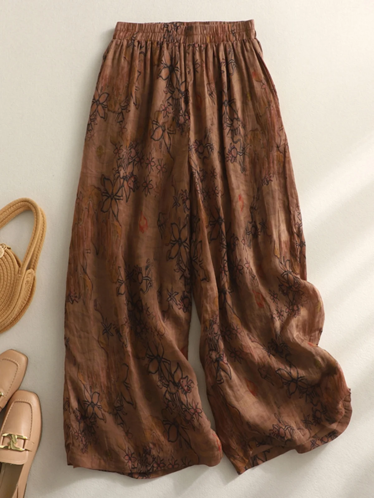 Retro uitlopende broek Casual linnen print Hoge taille Afslankende wijde pijpen broek voor grote maten Dames Zomer Negen punten Rechte snit