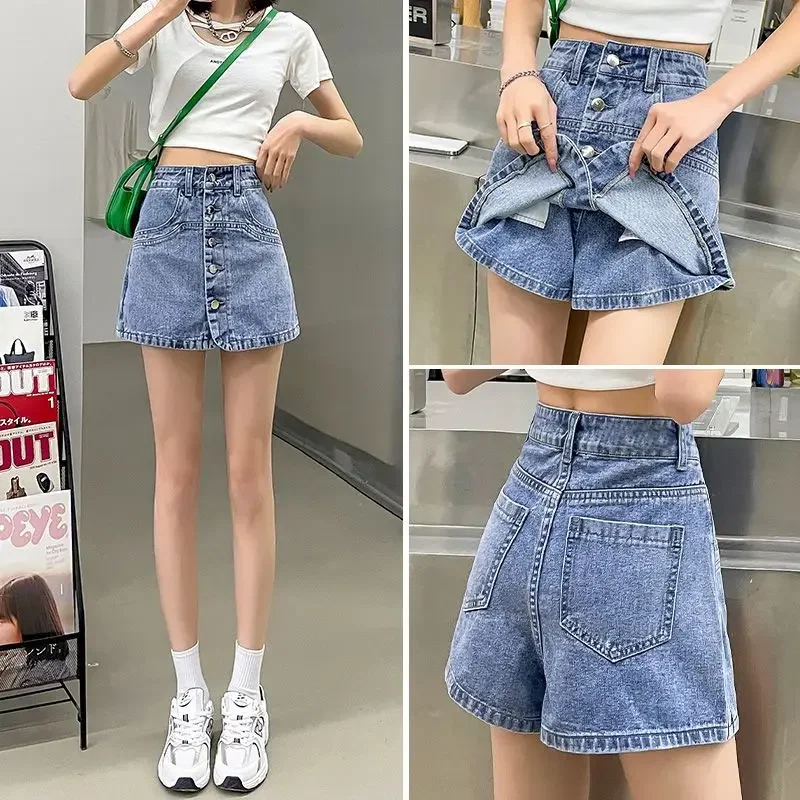 Women's Fake Two-piece Jean Culottes Denim Shorts Female Summer New Style High Waisted Slim Joker A-line Wide-leg Short Pants