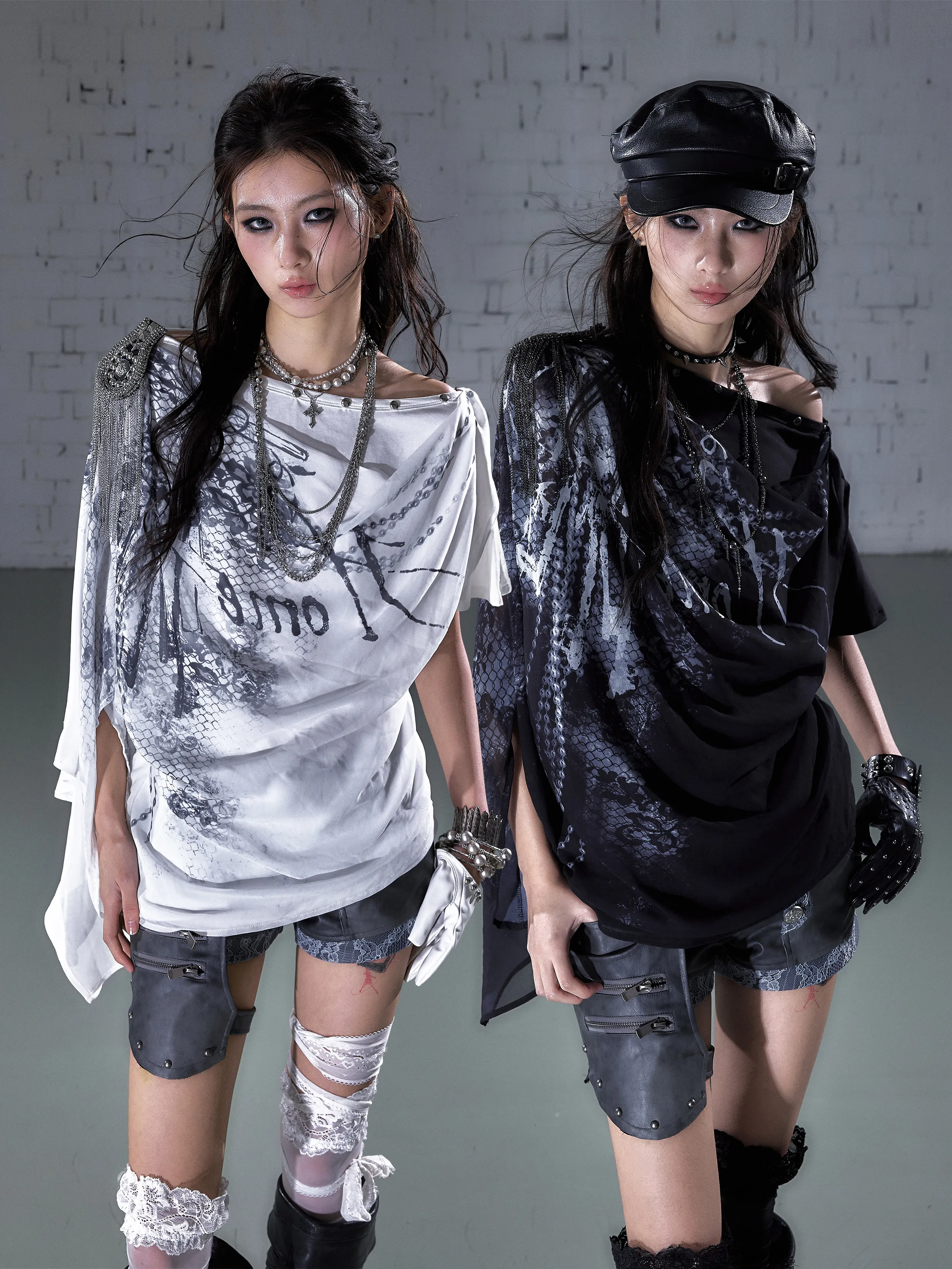 NO ROMANCE Irregular Gothic Design Urban Modern Printed Chiffon Cowl Slash Neck Loose Lazy Fake Two Piece T Shirt Top Summer