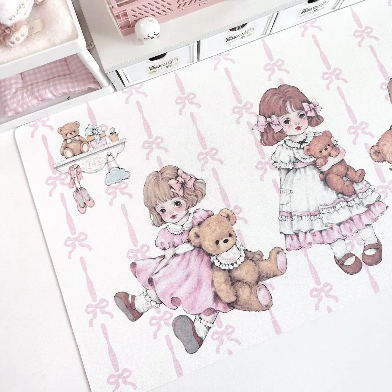 Leather Desk Pad Protector Y2k Pink Kawaii Girl Skirt Bear Bow ins Mouse Pad Office Desk Mat Non-Slip PU Desk Blotter Pad