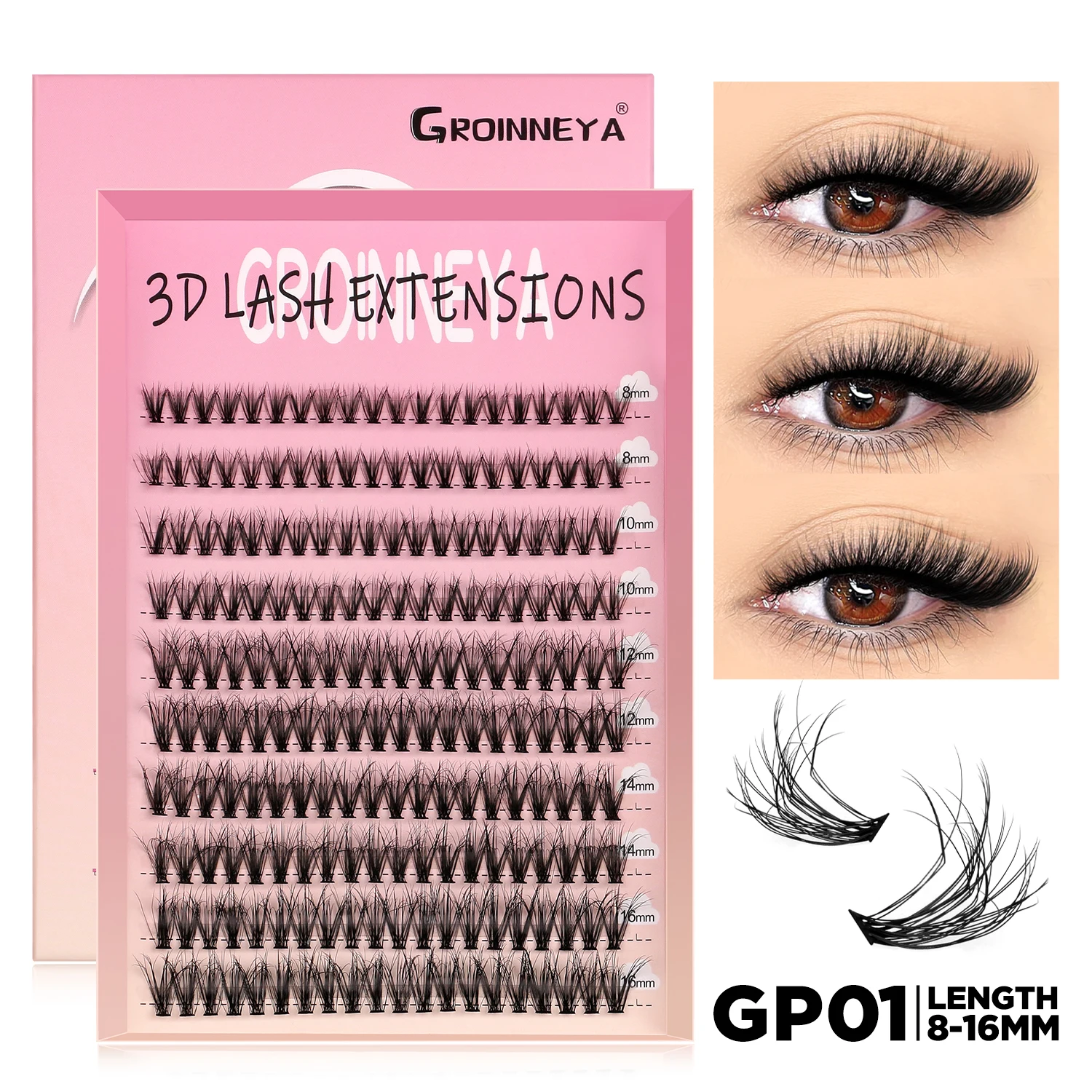 GROINNEYA Wimpern-Cluster, DIY-Wimpernverlängerung, gemischte Tablett-Cluster, Wimpern, flauschiges Volumen, einzelne Wimpern, Katzenaugen-Wimpernverlängerung
