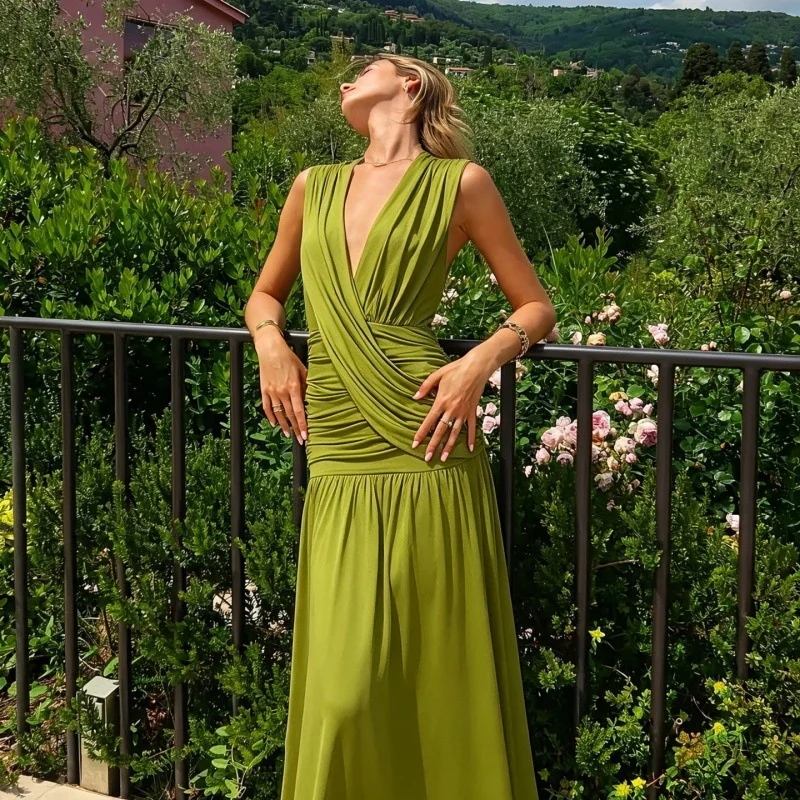 Mozision Elegant Deep V Neck Sexy Maxi Dress Women Fashion Sleeveless Draped Ruched Waist Bodycon Club Party Long Dresses Female