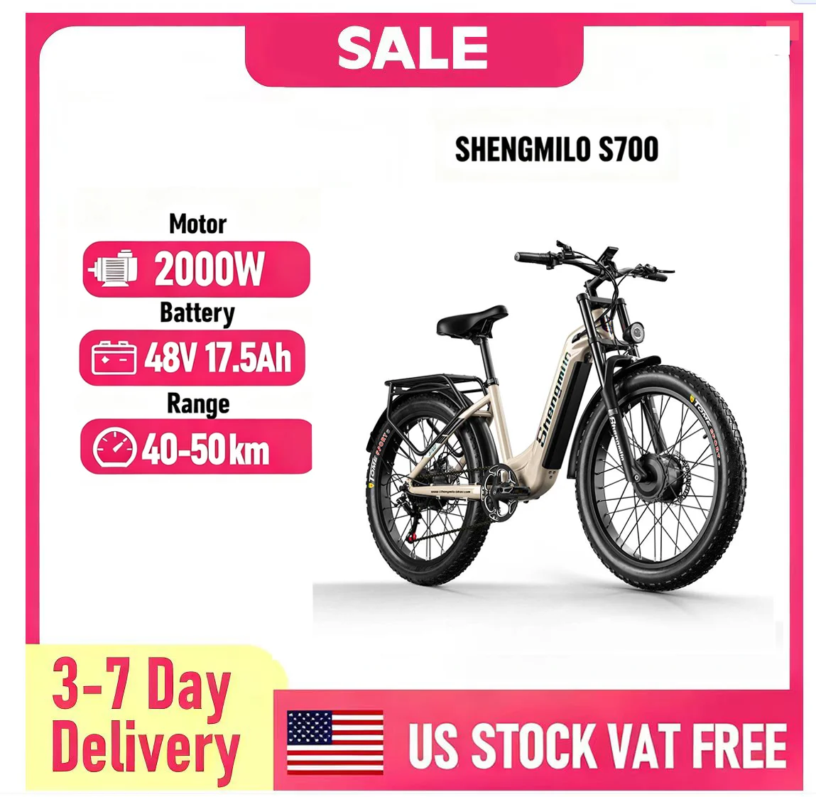 

SHENGMILO S700 26" Step-Thru Fat Tire Electric City Bike 1000W*2 Dual Motor 48V 17.5Ah Battery