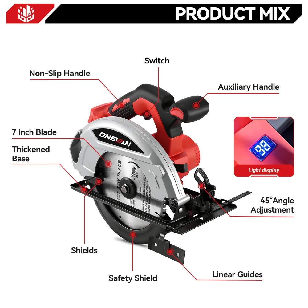 ONEVAN 4000W Brushless Electric Circular Saw 7Inch Cordless Rechargeable Portable Cutting Wood Power Tool For Makita Battery Pin
