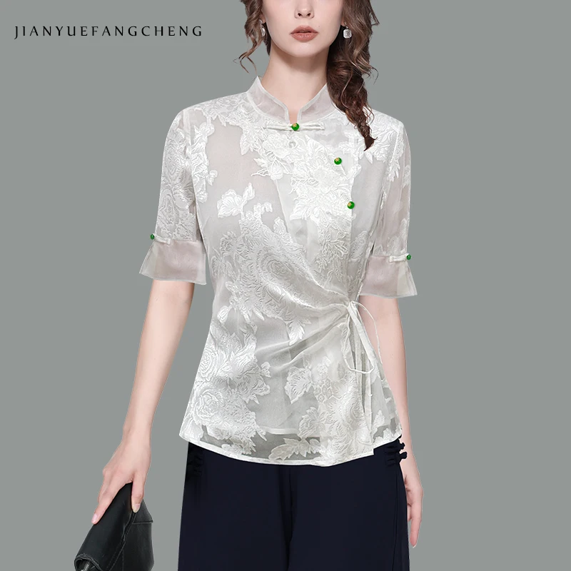 Retro Chinese cheongsam style Embroidered Floral Blouse close-fitting woman\'s Top with high neck and slit Shirt