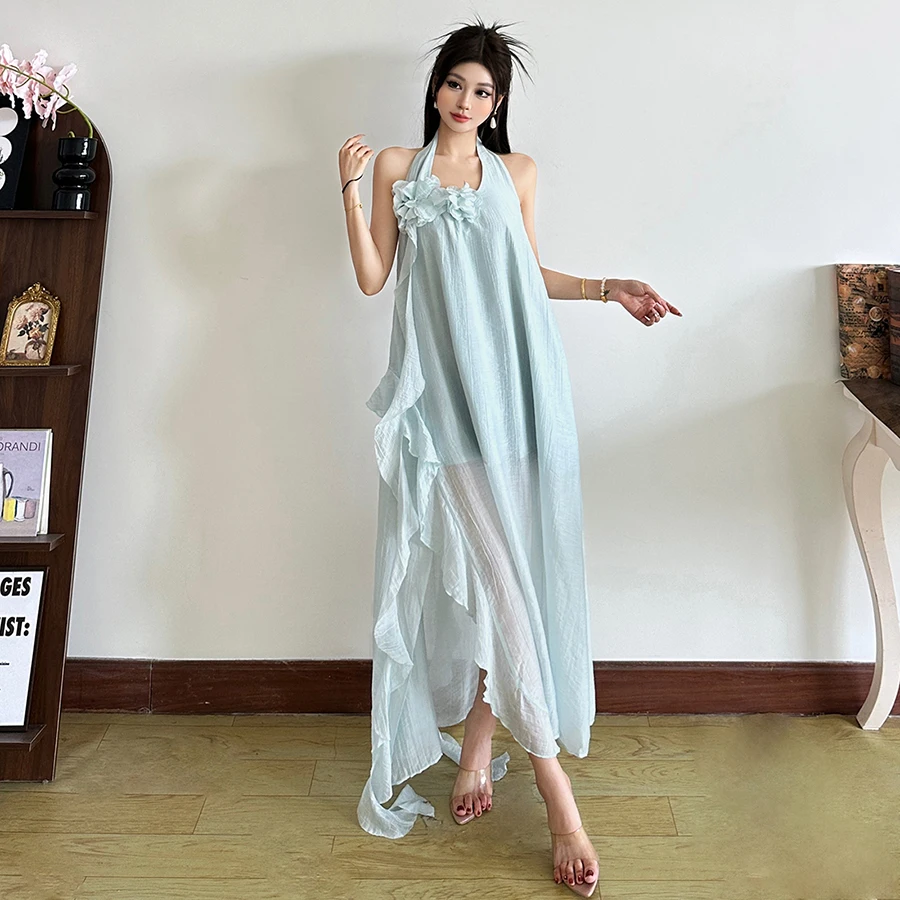 SylCue 3D 꽃 장식 주름진 우아한 드레스 여성 홀터넥 오프 슬리브 어깨 백리스 여름 휴가 해변 파티 의상